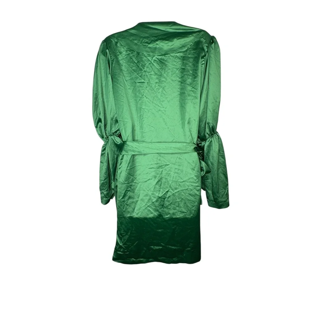 Marks & Curves Green Satin Wrap‎ Dress Womens Medium Emerald Bishop Sleeve Mini
